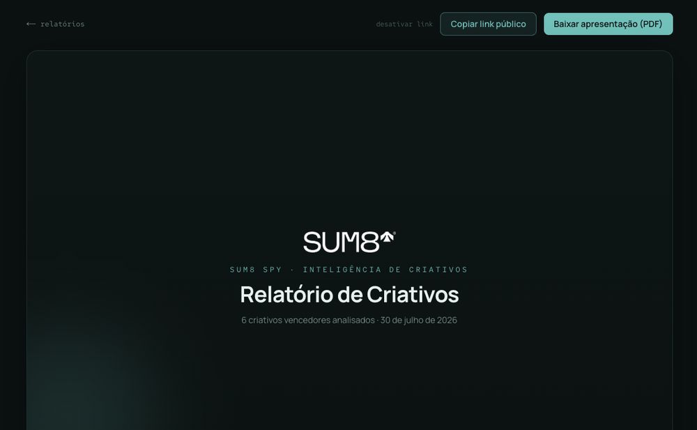Relatório de criativos do SUM8 Spy com botões de copiar link público e baixar apresentação em PDF