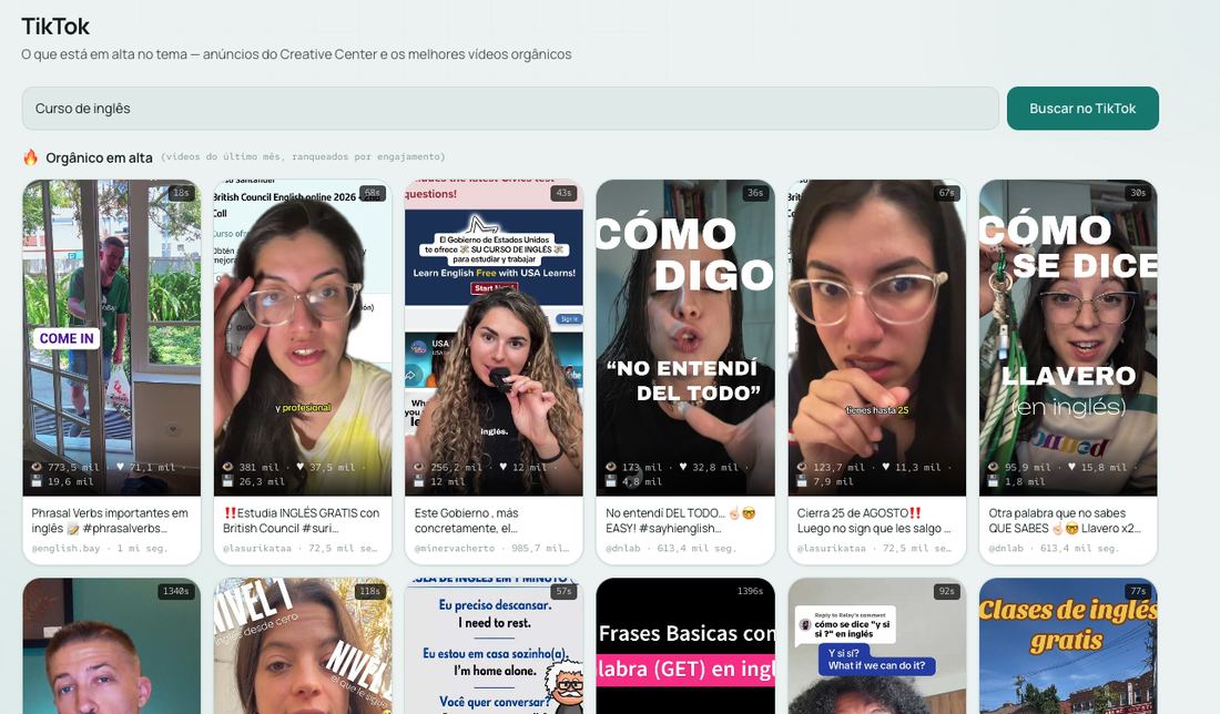 Busca no TikTok por tema mostrando os vídeos em alta do último mês com views, likes e salvamentos